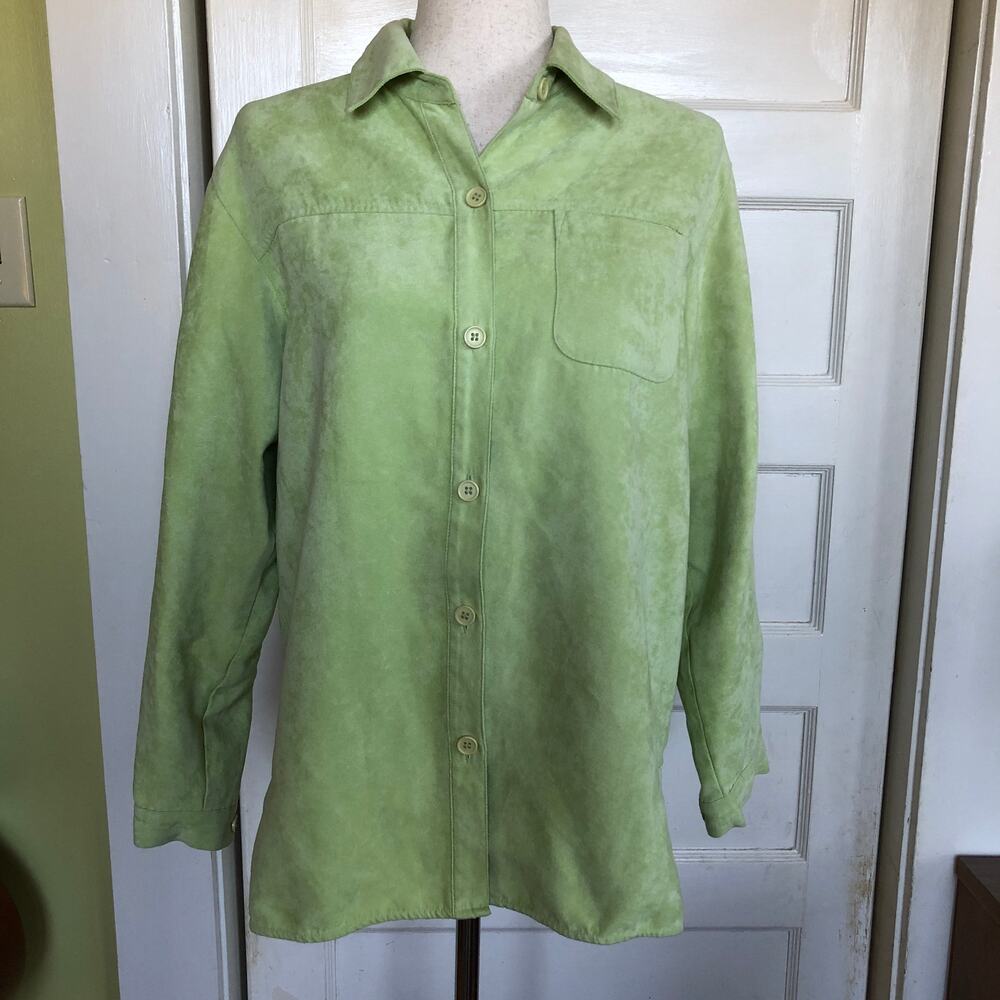 Vintage Relativity‎ Faux Suede Button Up Shirt S 90s Y2K Minimalist Lime Green